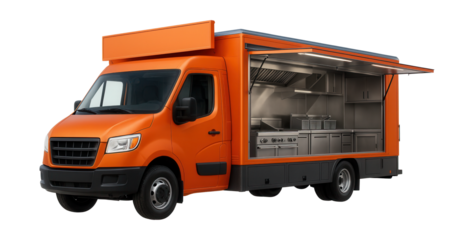 Mobile kitchen truck with expandable cooking stations and storage areas.