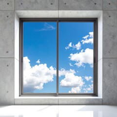 Fototapeta premium A large window showcases a stunning reflection of a bright blue sky adorned with fluffy white clouds, creating a serene and tranquil atmosphere.