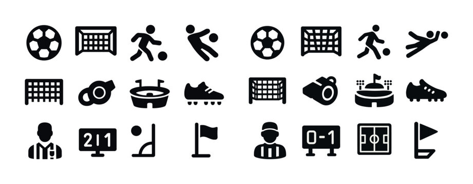 Soccer icon set featuring balls, goals, players, stadiums, and equipment