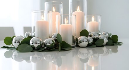 Elegant Christmas centerpiece with white candles, silver ornaments, and eucalyptus on a reflective white table