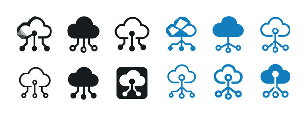 Cloud technology icons set featuring network and storage designs