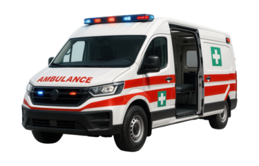 Emergency medical evacuation vehicle with first aid markings and stretcher access.