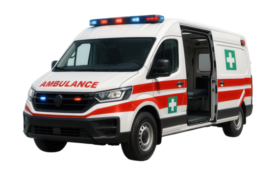 Emergency medical evacuation vehicle with first aid markings and stretcher access.