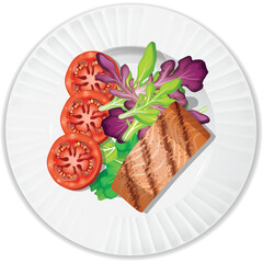 Healthy Grilled Salmon Fillet Served with Fresh Sliced Tomatoes and Mixed Greens Salad on a White Plate with a Textured Rim and Transparent Background