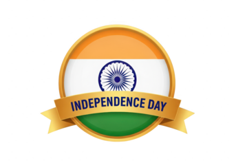 Round emblem badge with indian flag and golden ribbon text independence day isolated on transparent background