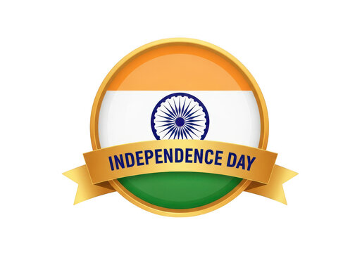 Round emblem badge with indian flag and golden ribbon text independence day isolated on transparent background
