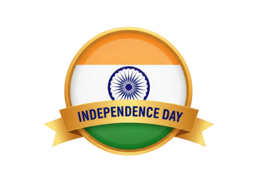 Round emblem badge with indian flag and golden ribbon text independence day isolated on transparent background - Powered by Adobe