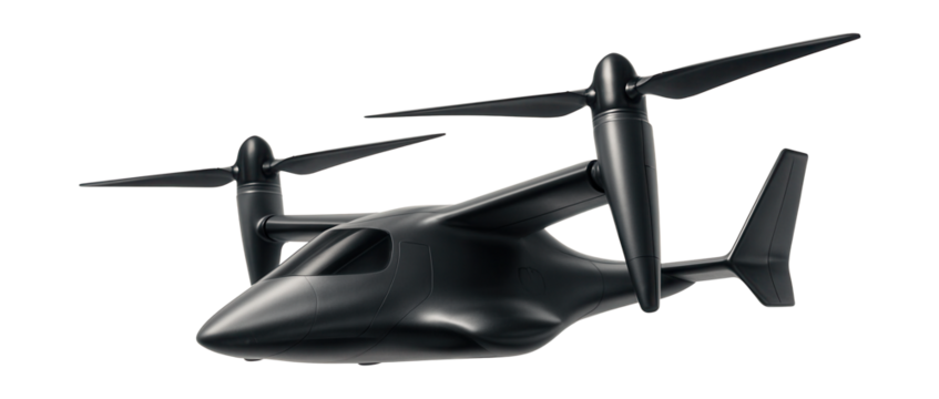 Tilt-rotor drone featuring dual propellers and a streamlined design.