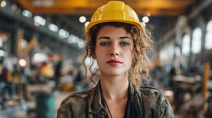 Resilient Factory Worker: A determined female worker wearing a yellow hard hat stands confidently in an industrial setting, showcasing the strength and dedication of the workforce.