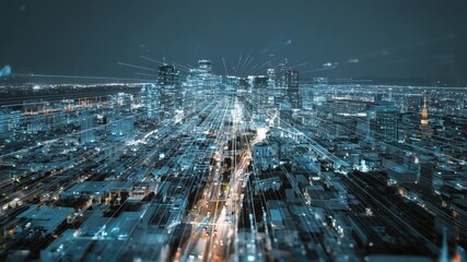 Digital Metropolis: An eye-level shot captures a modern city at night, the cityscape is ablaze with a network of digital data streams, illuminating the scene with glowing lines. - Powered by Adobe