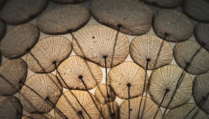 Macro close up of organic radial structures with fractal like biological texture, delicate dried plant seed pods overlapping, natural pattern, soft warm light