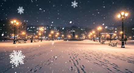 Empty city square covered in white snow at night with illuminated lampposts. Winter Christmas street scene for holiday greeting card.