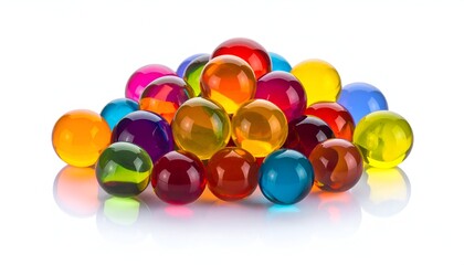 A heap of brightly colored, transparent orbs reflecting light, on a white background