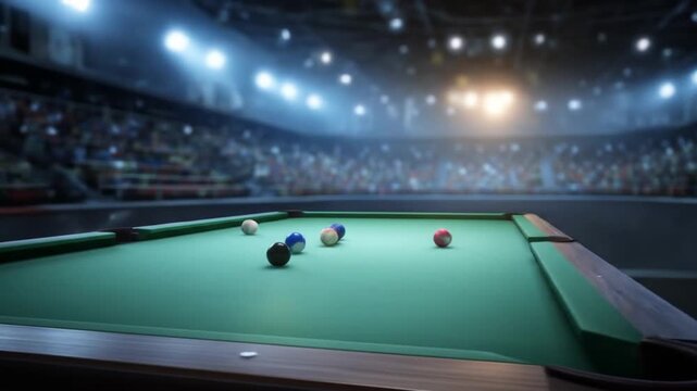 Bright arena lights flood a green pool table; scattered balls and a distant crowd, hushed. Soft hue