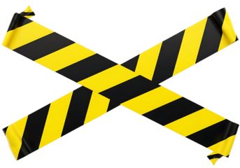 Yellow and black hazard tape crossed on a transparent background caution