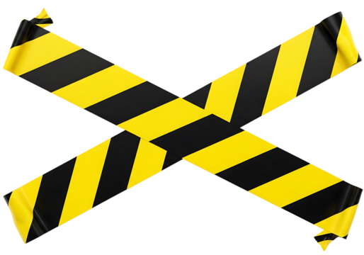 Yellow and black hazard tape crossed on a transparent background caution