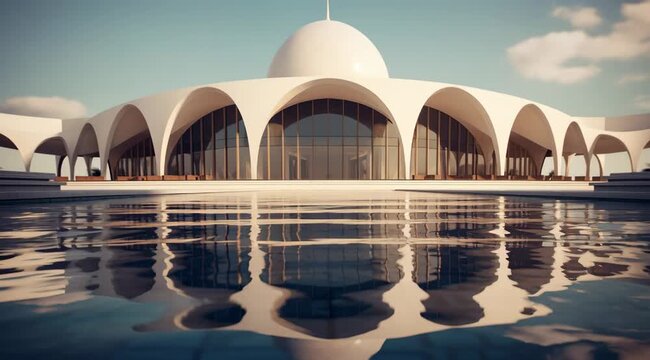 Modern architectural marvel reflected in serene waters, showcasing minimalist elegance and