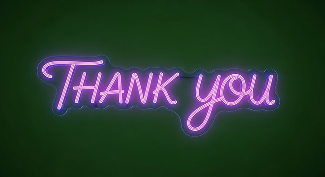 Neon thank you sign glowing in purple against a dark green background for appreciation and gratitude