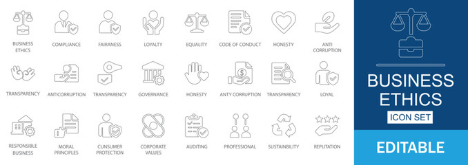 Business Ethics Line Icon set. Features icons of Honesty, diversity, trust, auditing and fairness. Perfect for corporate presentations, governance, and HR training.