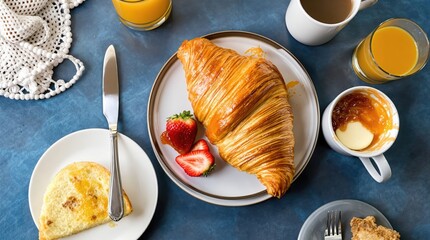 Croissant with strawberry and jam, coffee and orange juice for breakfast