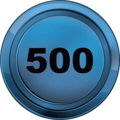Glossy Blue Circular Icon with Black Number 500 Centered on Transparent Background Realistic 3D Render Graphic Design Element