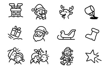 Fototapeta premium Christmas Comedy Icons. Christmas Comedy. Line outline icon set of Christmas Comedy: Santa stuck, elf giggling
