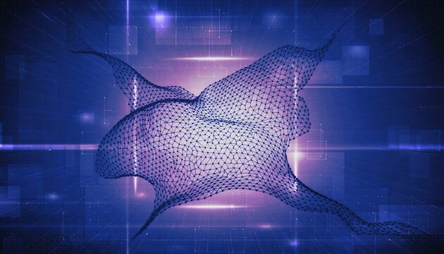 Abstract polygon mesh blue violet color scheme digital technology glowing light futuristic geometric pattern wireframe dynamic shape modern vibrant