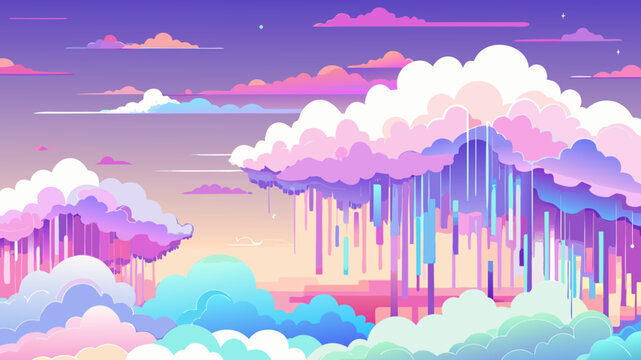Vibrant, cartoon-style sky filled with layers of pink, purple, and blue cumulus clouds, with stylized rain or light streaks falling. A dreamy, kawaii, or vaporwave fantasy landscape.