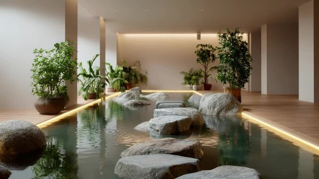 Zen garden with water and stones inside a bright modern building