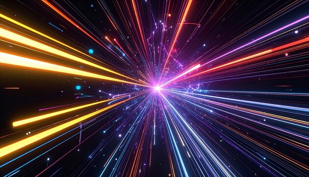 Abstract colorful streaks burst from a central point against a black background