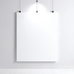 A blank poster hangs on a white wall in a spacious, empty room with hardwood floors, soft natural light streaming through a nearby window.