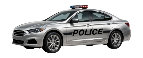Silver police car featuring unique side stripes and a roof-mounted siren.