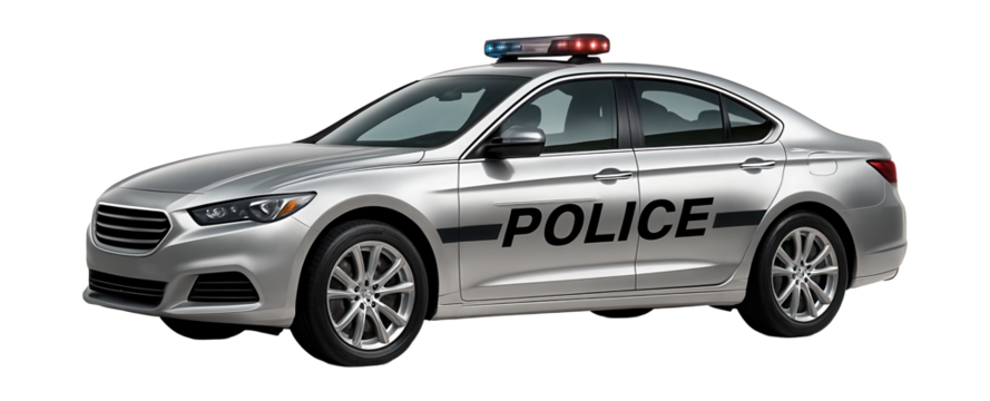 Silver police car featuring unique side stripes and a roof-mounted siren.
