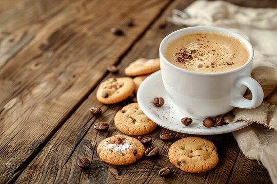 Cup of coffee with scattered cookies on wooden table, cozy warm background, lifestyle food scene.