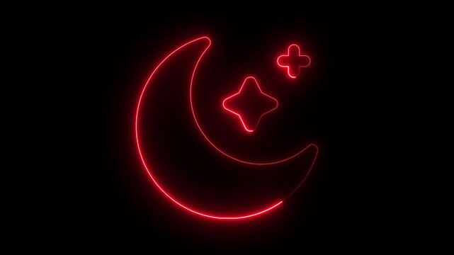 Glowing neon line Moon and stars icon isolated on black background. Star and moon icon showcases a glowing crescent moon 