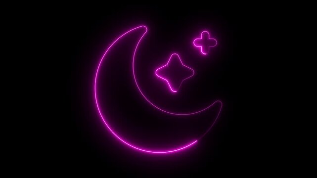 Glowing neon line Moon and stars icon isolated on black background. Star and moon icon showcases a glowing crescent moon and shimmering star