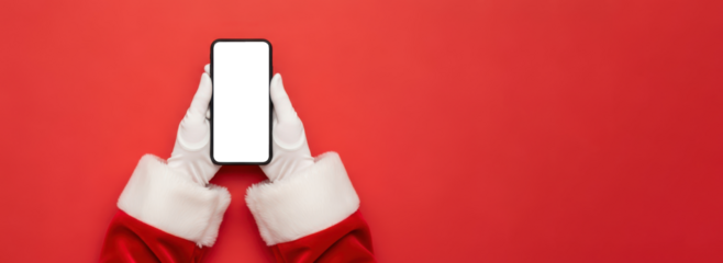 Top View Of Santa Clause Hand Holding a Blank Smartphone Template For Christmas , Christmas Mockup  