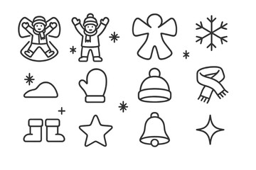 Kids Snow Angel Icons. Kids Making Snow Angels. Line outline icon set of Kids Making Snow Angels: child lying