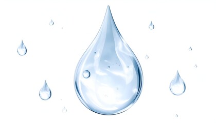 Realistic rendering of a large clear water droplet with smaller droplets scattered on white