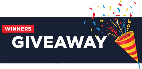 Colorful giveaway winners banner with confetti, celebration background, festive party popper illustration, promotional announcement design for contests and rewards