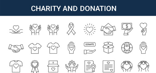 Charity icons, donation symbols, heart hands, nonprofit support, fundraising vector, volunteer help, awareness ribbon, giving, kindness, hope, care, community aid, global outreach
