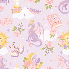 Cute Pastel Dragon Seamless Pattern Magical Fantasy Roses Moon Sun Book