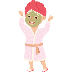 Excited Young Person Wearing Pink Robe and Green Face Mask with Red Hair Towel Happy and Energetic pose against a White Background Ideal for Spa and Skincare Advertising