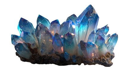 Title: A Cluster of Stylized Blue Translucent Crystals Sparkling on White Background