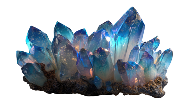 Title: A Cluster of Stylized Blue Translucent Crystals Sparkling on White Background