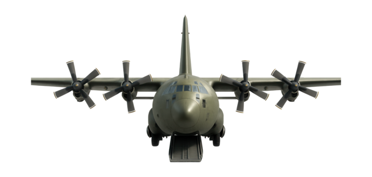 High-wing, four-engine turboprop military transport with rear loading ramp.