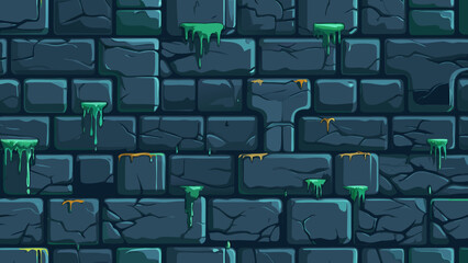 Seamless pixel art stone wall texture, featuring dark, damp, castle dungeon blocks dripping with green slime and orange residue. Ideal for game backgrounds, fantasy, or horror themes.