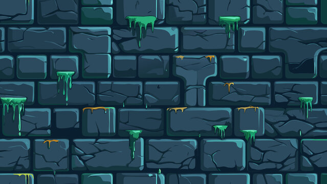 Seamless pixel art stone wall texture, featuring dark, damp, castle dungeon blocks dripping with green slime and orange residue. Ideal for game backgrounds, fantasy, or horror themes.