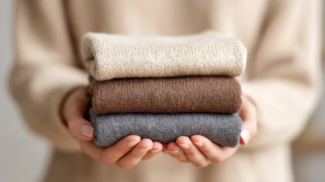 Cozy knitwear display: hands offering folded sweaters in neutral tones
