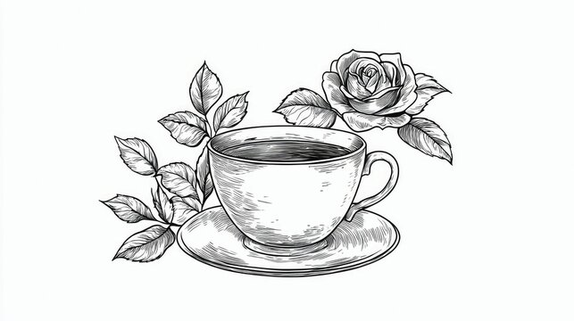 A hand-drawn sketch of a teacup and saucer filled with dark liquid, adorned with a blooming rose and green leaves. The illustration has an elegant and classic f - Powered by Adobe